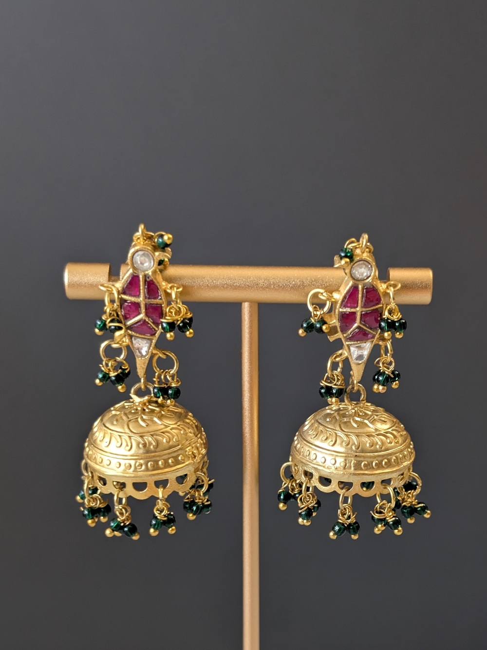 Gold-Tone Jhumka Earrings with Pink and Green Accents